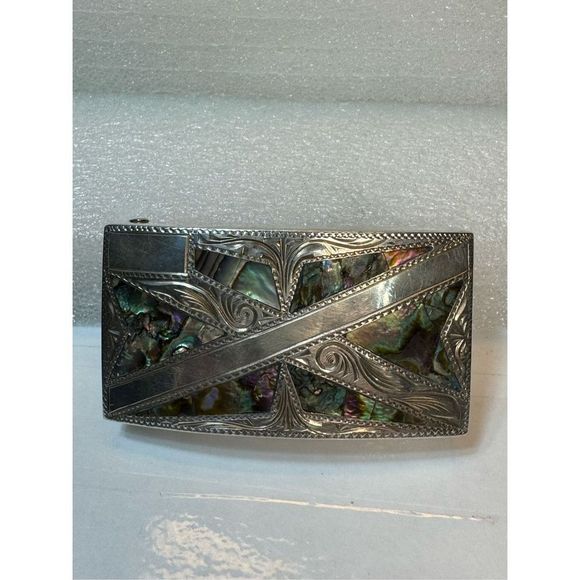Vintage 925 Sterling Silver Inlay Abalone Etched Belt Buckle main image 6